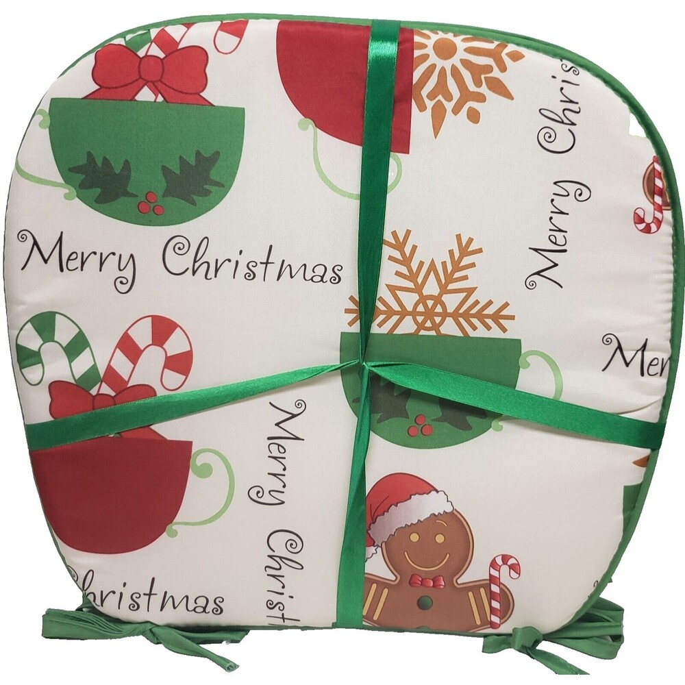 SET OF 4 CHAIR CUSHION PADS w/ties, 15x15", MERRY CHRISTMAS THEME# 1, white, BH